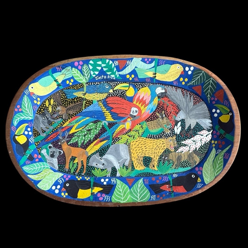 SOLD Vintage Hand Painted Wood Tray Wall Plate Costa Rica Painting Parrot Jungle